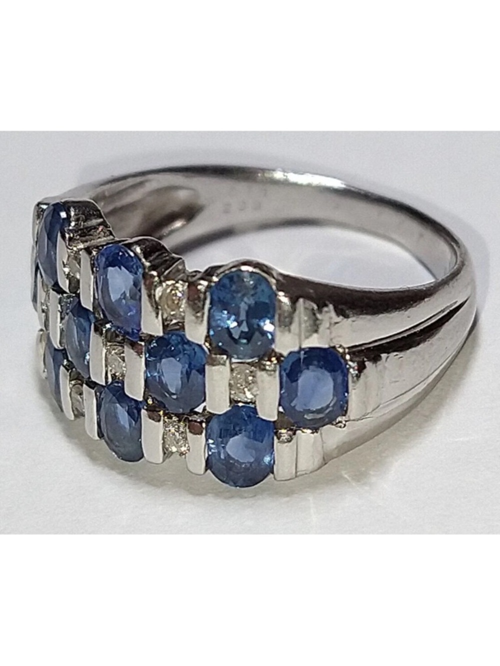 Platinum Blue Sapphire & Diamond Multi-Row Ring - Picture 6 of 11